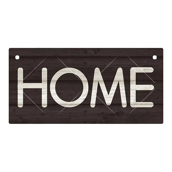 A dark wooden sign with the word HOME carved in light lettering, designed for rustic welcome decor.