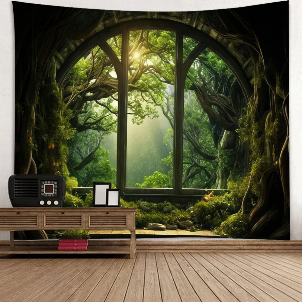 A large window frames a lush, overgrown forest scene with dappled sunlight filtering through the canopy.