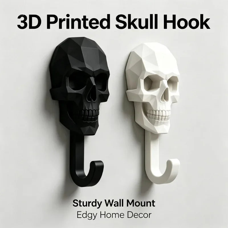 A set of two 3D printed skull hooks, one black and one white, designed for a sturdy wall mount.