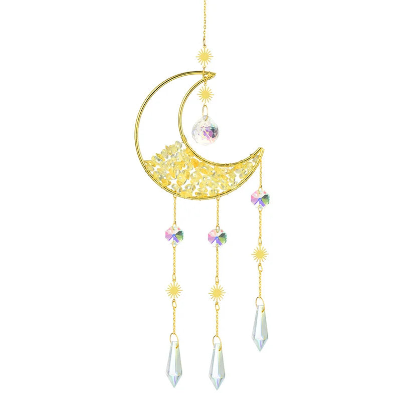 Gold moon suncatcher wind chime with prism accents hanging from a chain