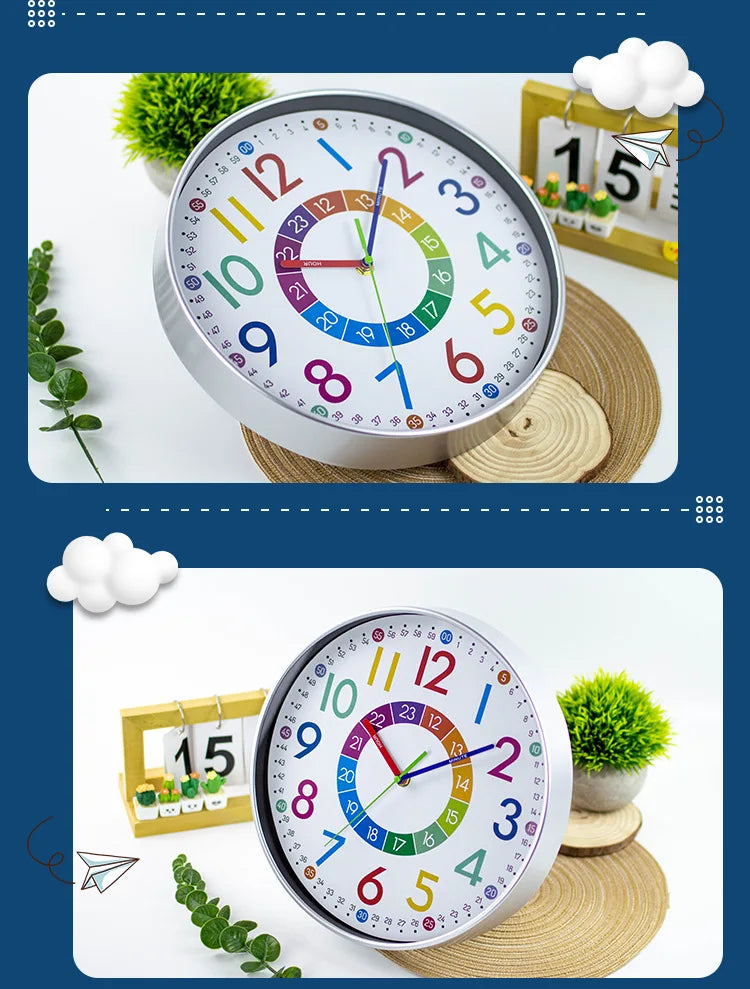 A colorful silent wall clock with numbers 1 to 12 and a second hand, displayed on a wooden surface.