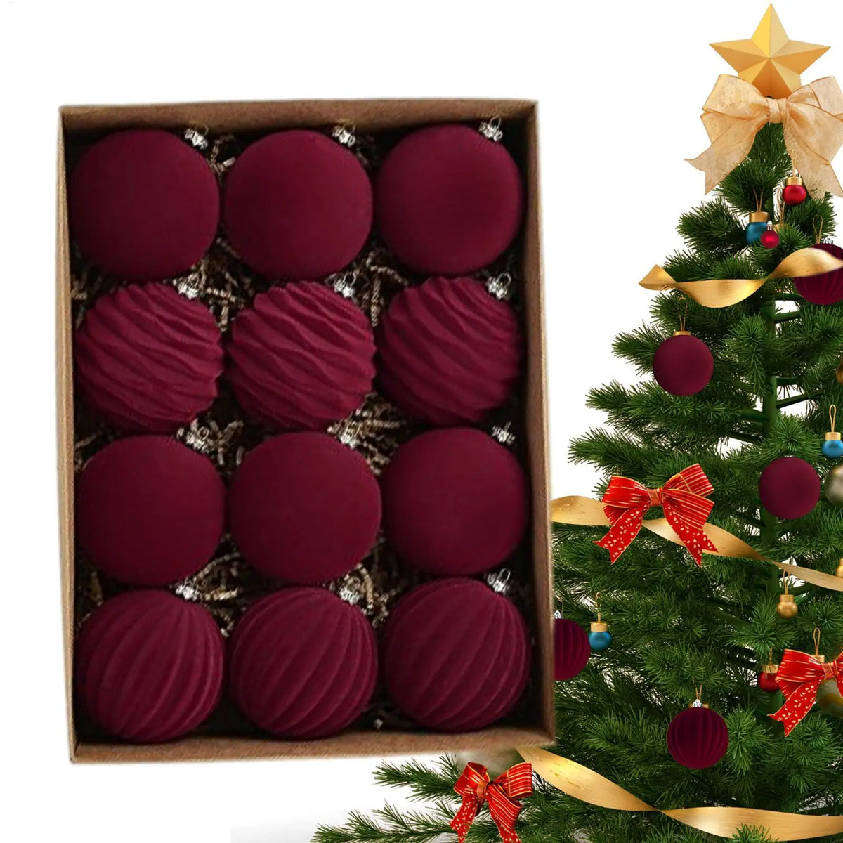 Velvet Flocked Christmas Tree Ornaments (Set of 12)