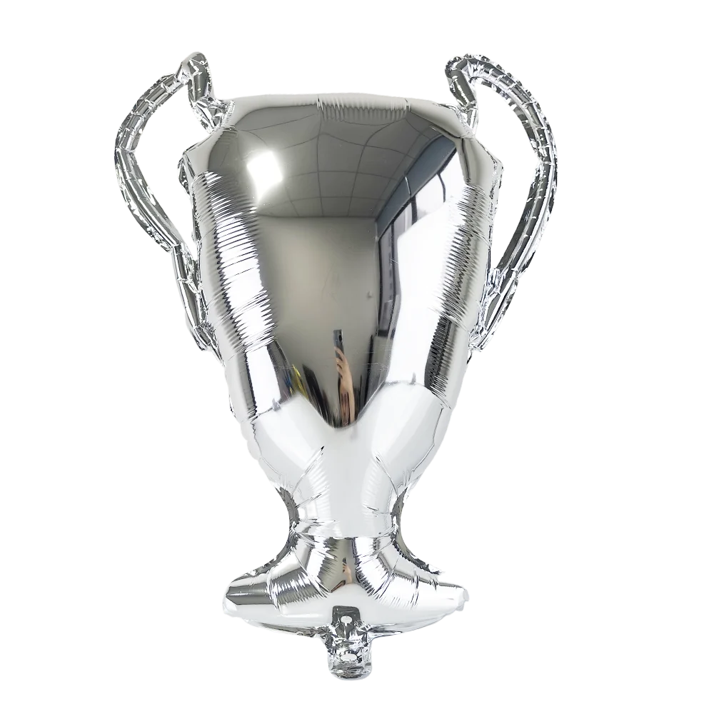 Silver metallic trophy shaped like a soccer ball, displayed against a black background.