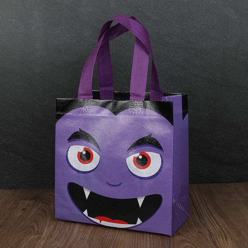 Purple Halloween party treat bags featuring a menacing pumpkin and ghost face design.
