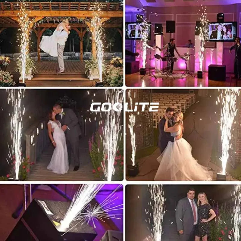 A series of photos showing a cold spark machine creating dazzling effects during an event.