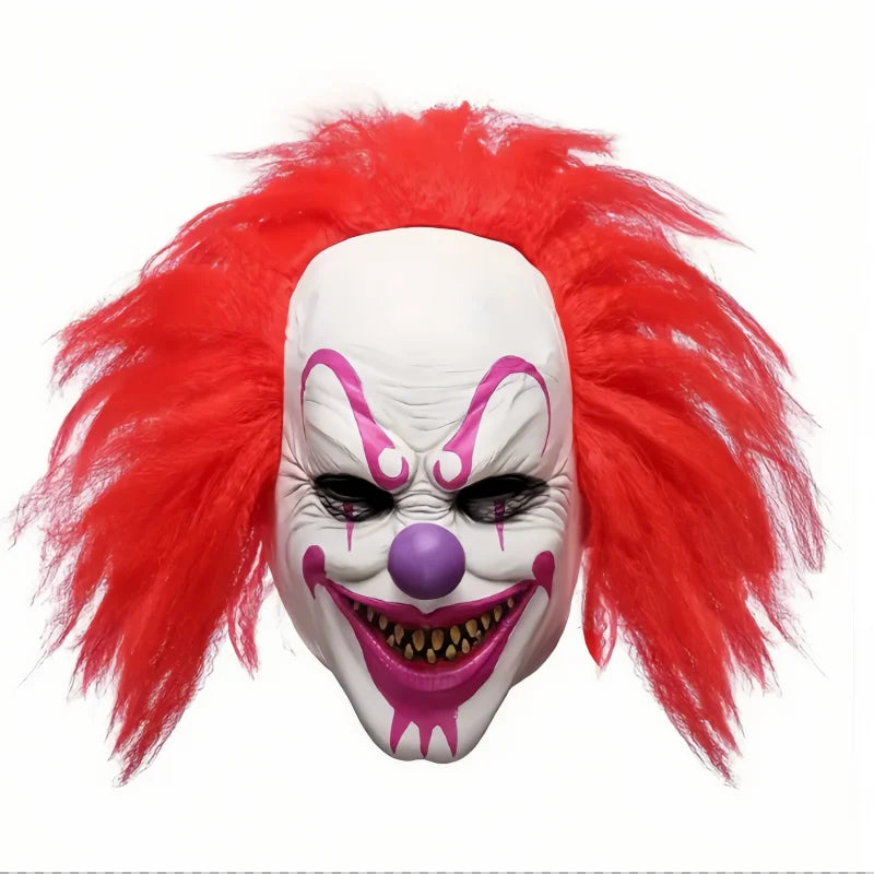 A realistic cute alien full-face latex mask with white skin and bright red hair.