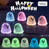 A collection of luminous ghost mini figurines in various colors including blue, pink, purple, and green for Halloween decor