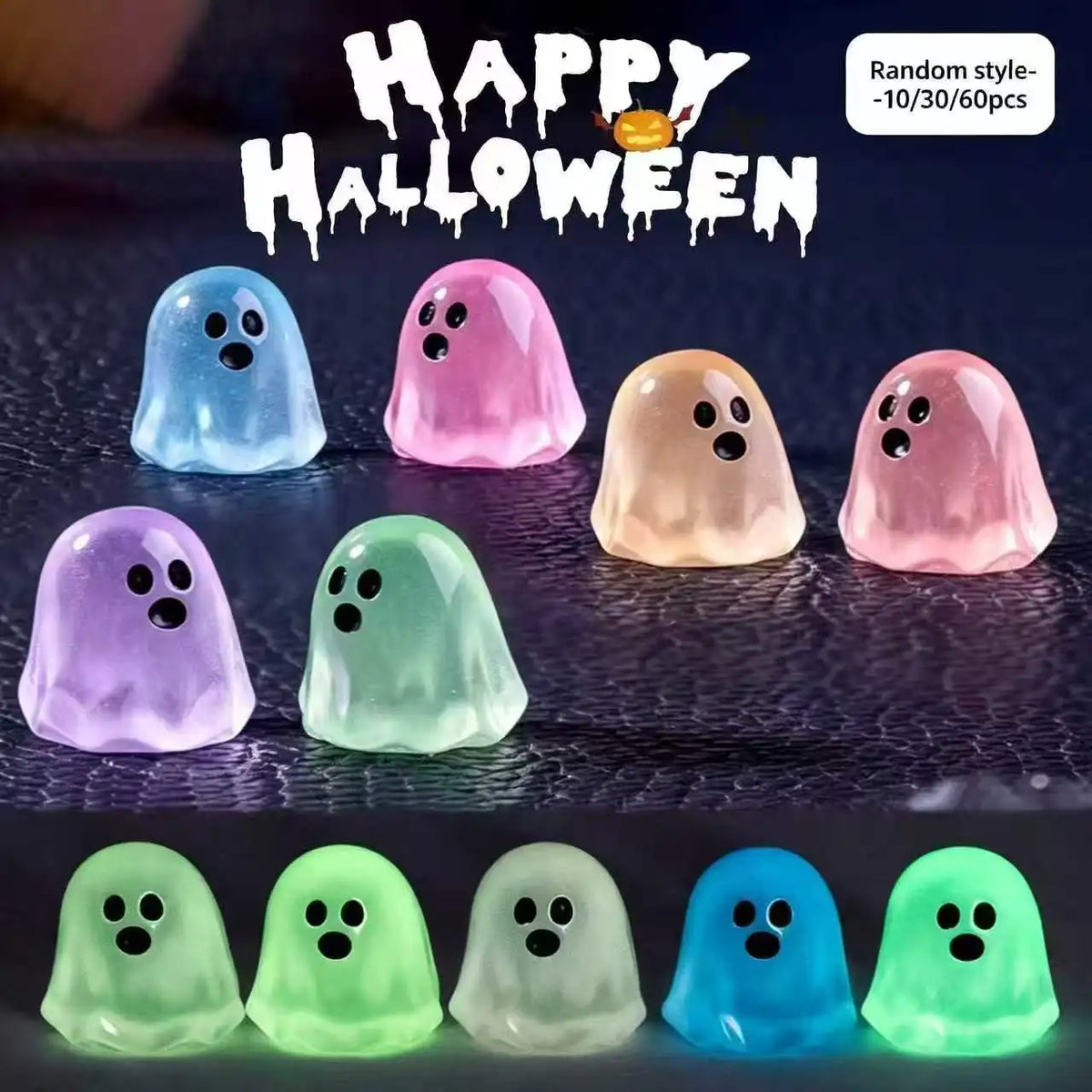 A collection of luminous ghost mini figurines in various colors including blue, pink, purple, and green for Halloween decor