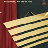 Gold stainless steel decorative lines on a dark background with red drapery.