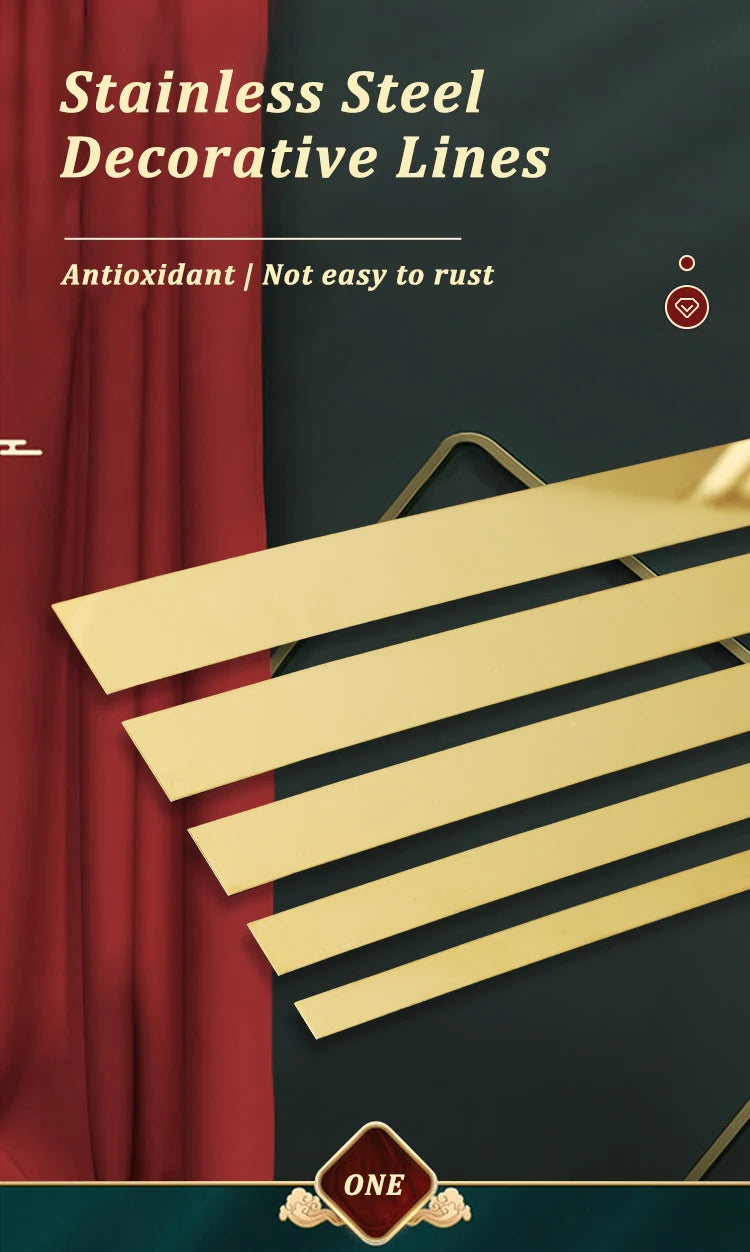 Gold stainless steel decorative lines on a dark background with red drapery.