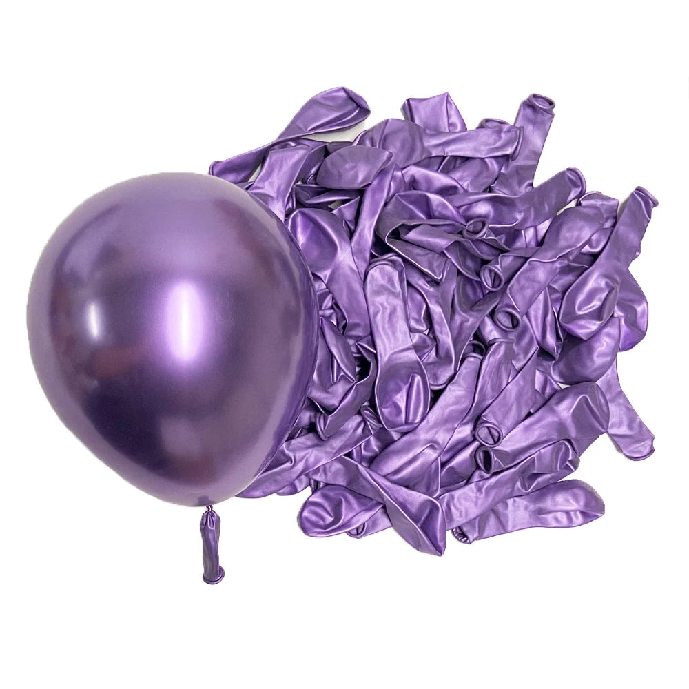 A bunch of metallic purple latex balloons is shown against a white background.