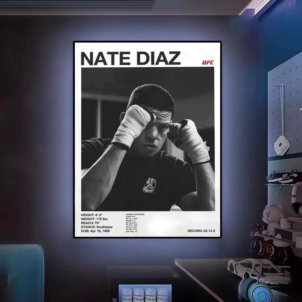 Canvas-Wandkunst mit schwarz-weißigem Foto von Nate Diaz und UFC-Statistiken.
