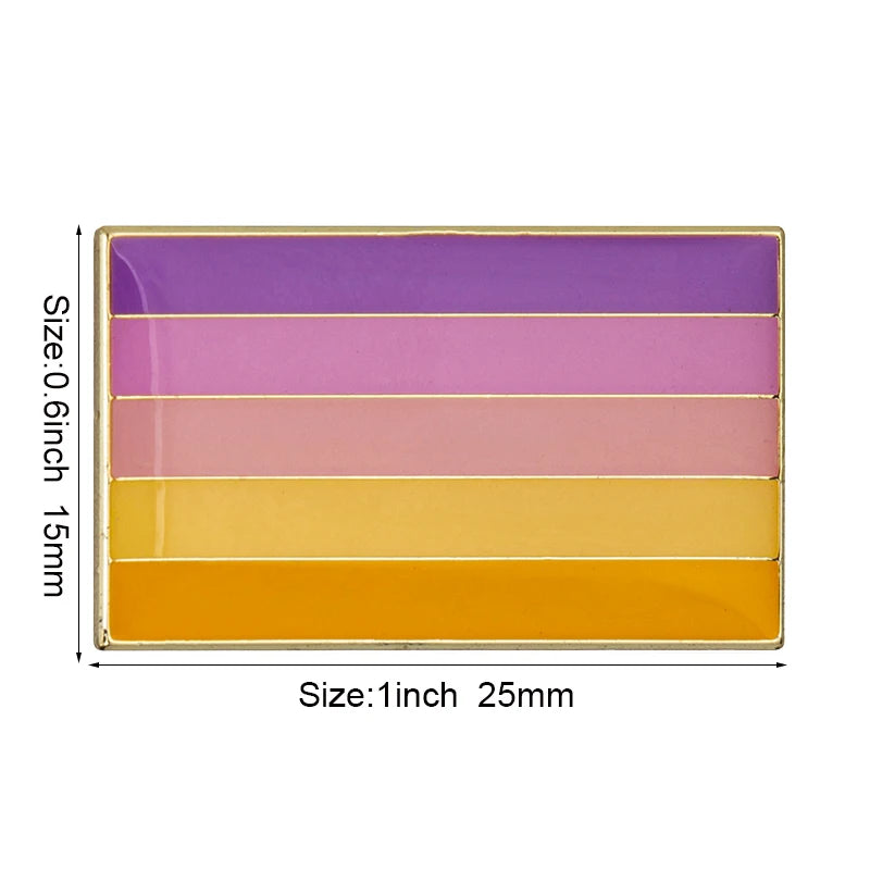 A rectangular lapel pin featuring five horizontal stripes of purple, pink, and orange colors.