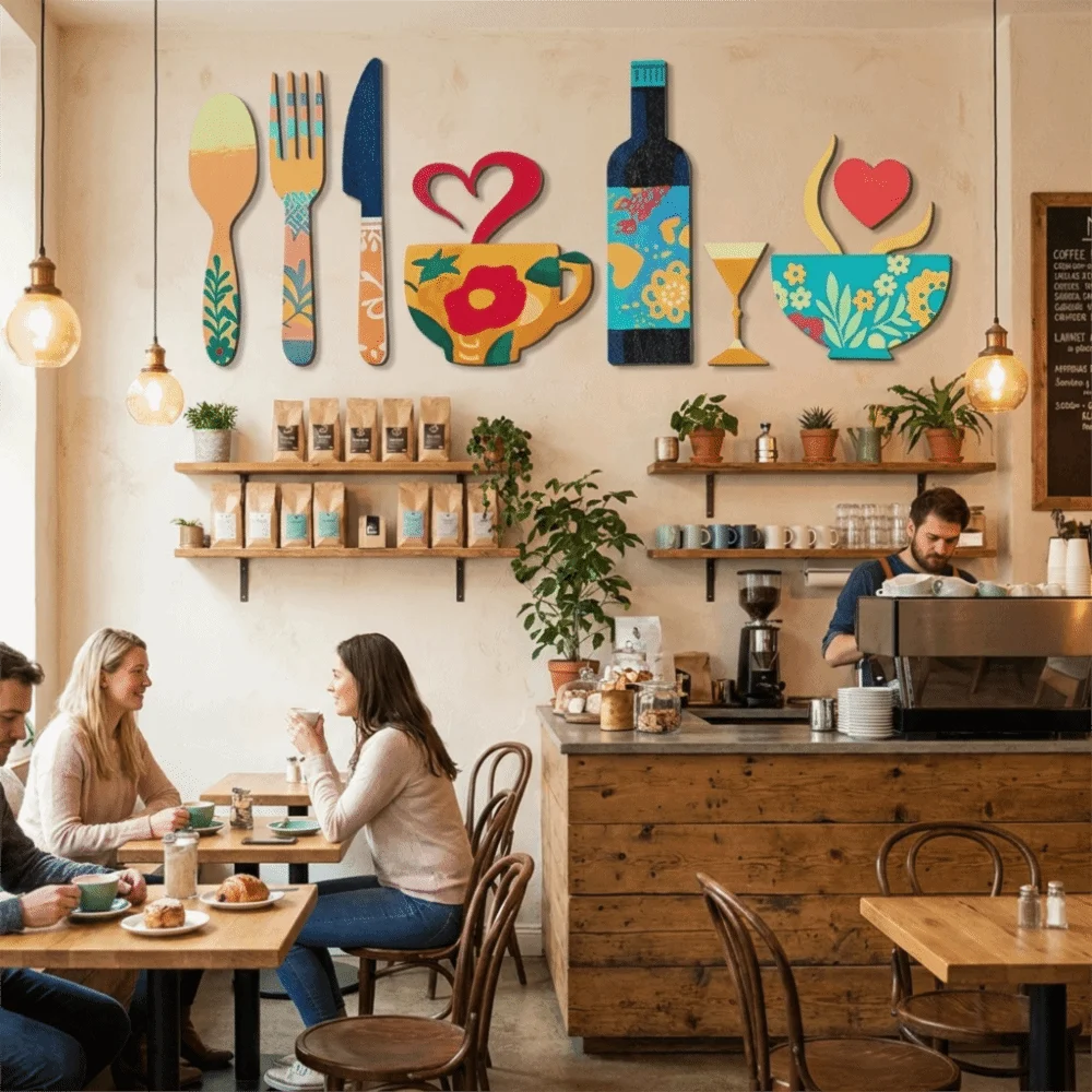 A rustic wood floral kitchen decor set displayed on shelves above a wooden counter in a cafe setting.