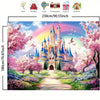 A large photo backdrop banner featuring a fairytale castle in a pink cherry blossom landscape.