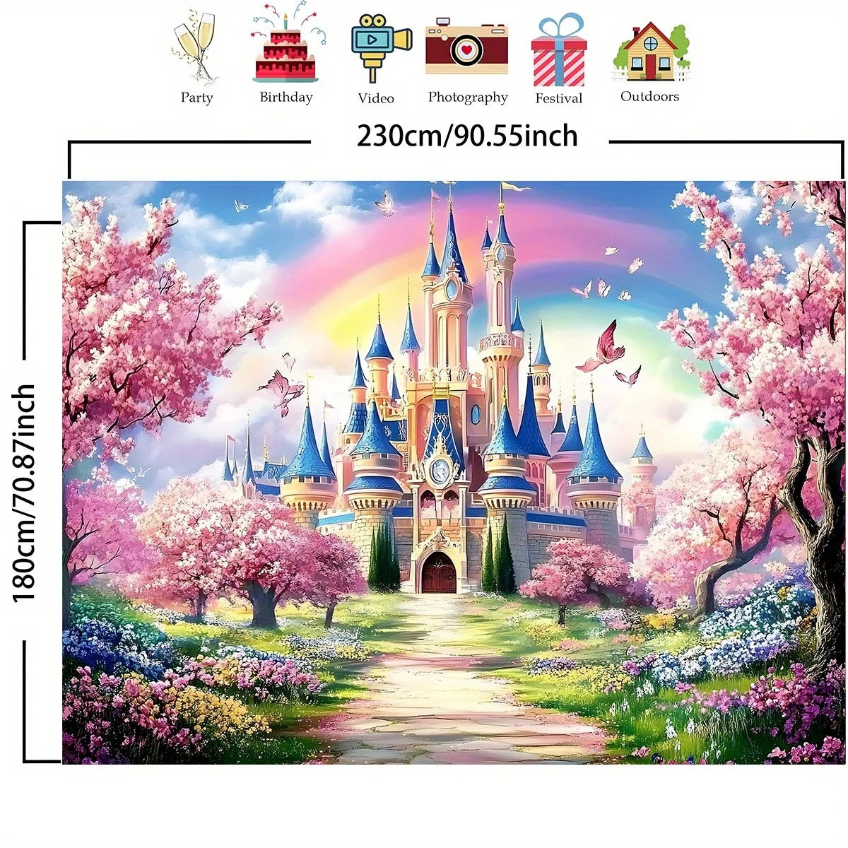 A large photo backdrop banner featuring a fairytale castle in a pink cherry blossom landscape.