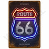 A vintage retro metal wall sign featuring the number 66 inside a shield shape with neon lighting, labeled Route 66.