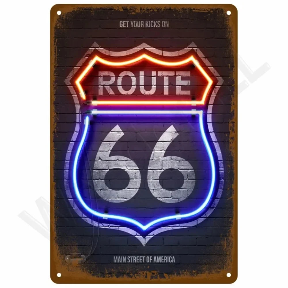 A vintage retro metal wall sign featuring the number 66 inside a shield shape with neon lighting, labeled Route 66.