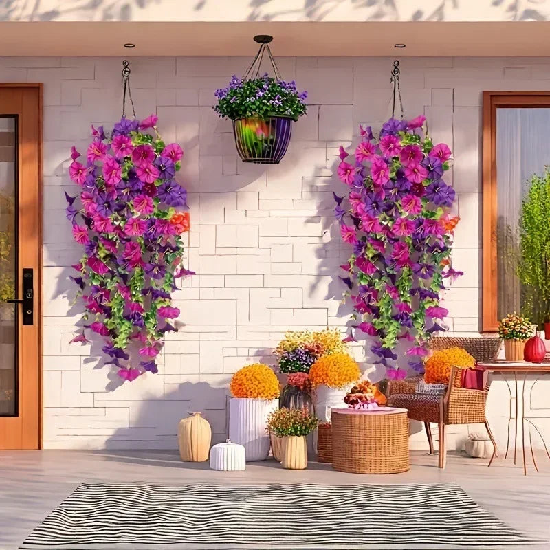 A vertical display of vibrant purple and pink artificial morning glory garlands hanging against a white wall.