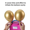 Hands are using a pink electric balloon pump to inflate a gold balloon.