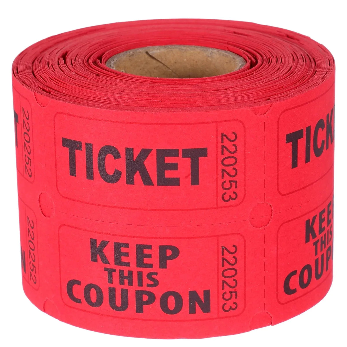 A roll of red tearable raffle tickets labeled TICKET and KEEP THIS COUPON