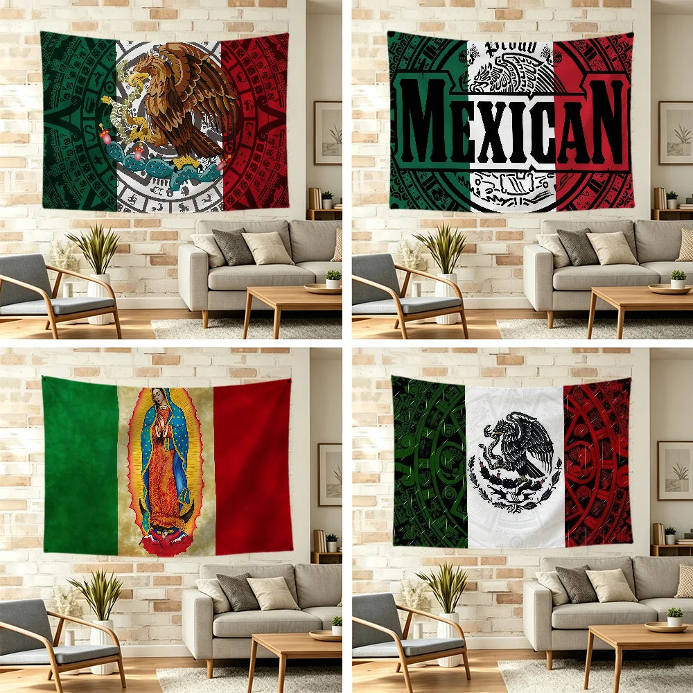 A set of three decorative banners featuring the Mexican flag design in green, white, and red on a brick wall.