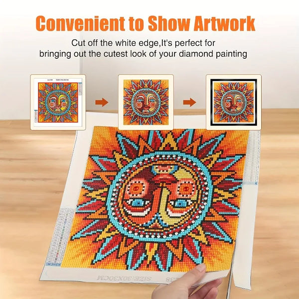 A close-up of a finished diamond painting artwork on canvas, surrounded by magnetic frames and instructions.