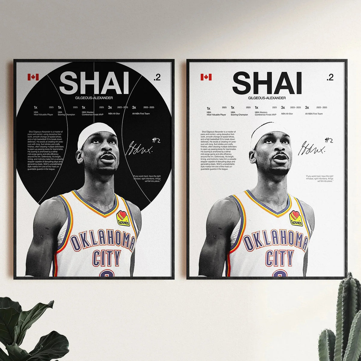 Two framed black and white posters featuring basketball legends Shai Gilgeous-Alexander and Nikola Jokic.