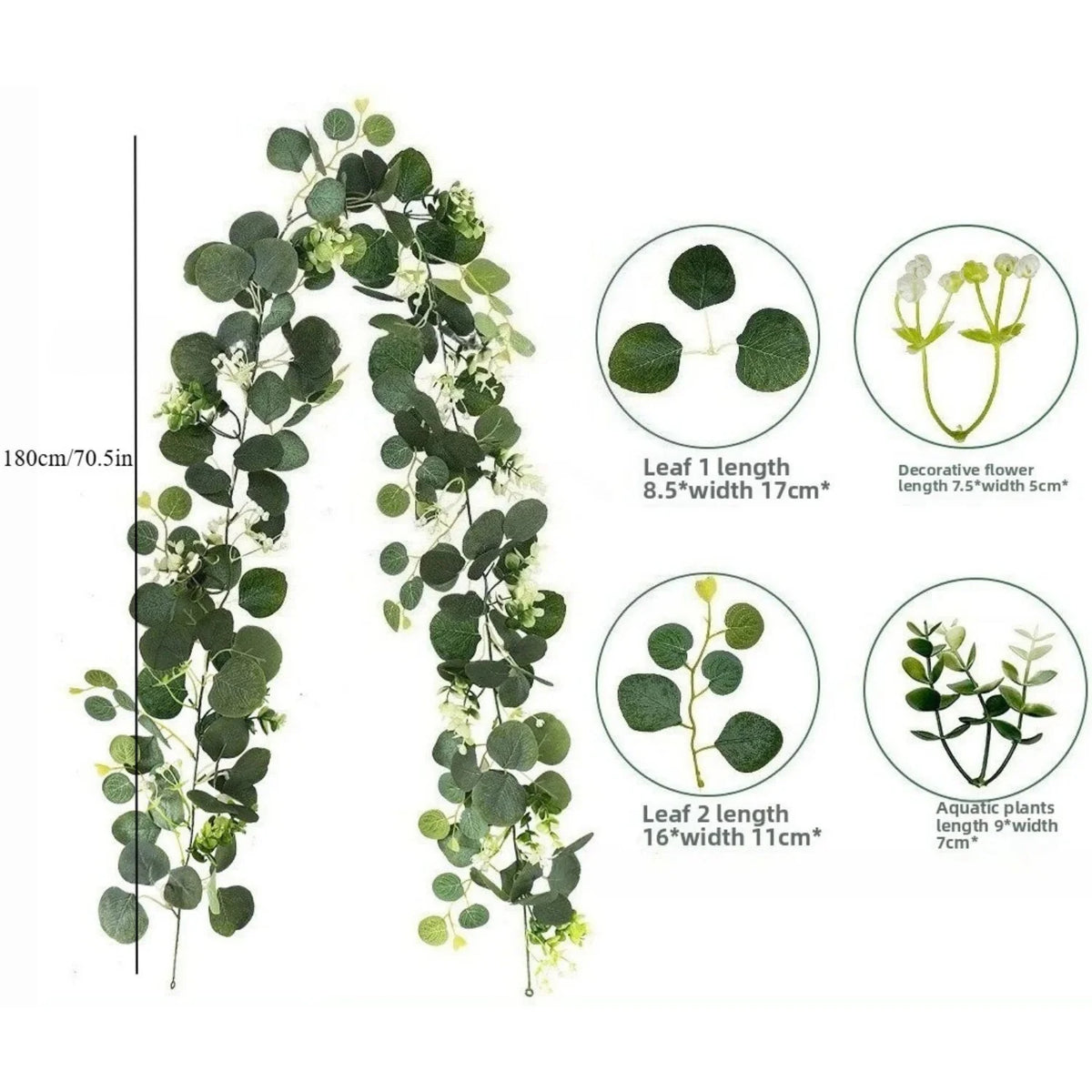 Künstlicher Eukalyptus- und Rosenkranz mit verschiedenen Blattgrößen und dekorativen Blumen