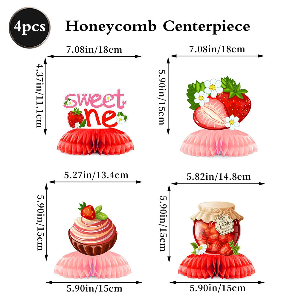 Honeycomb centerpiece decoration set featuring strawberry themed cake toppers and banner