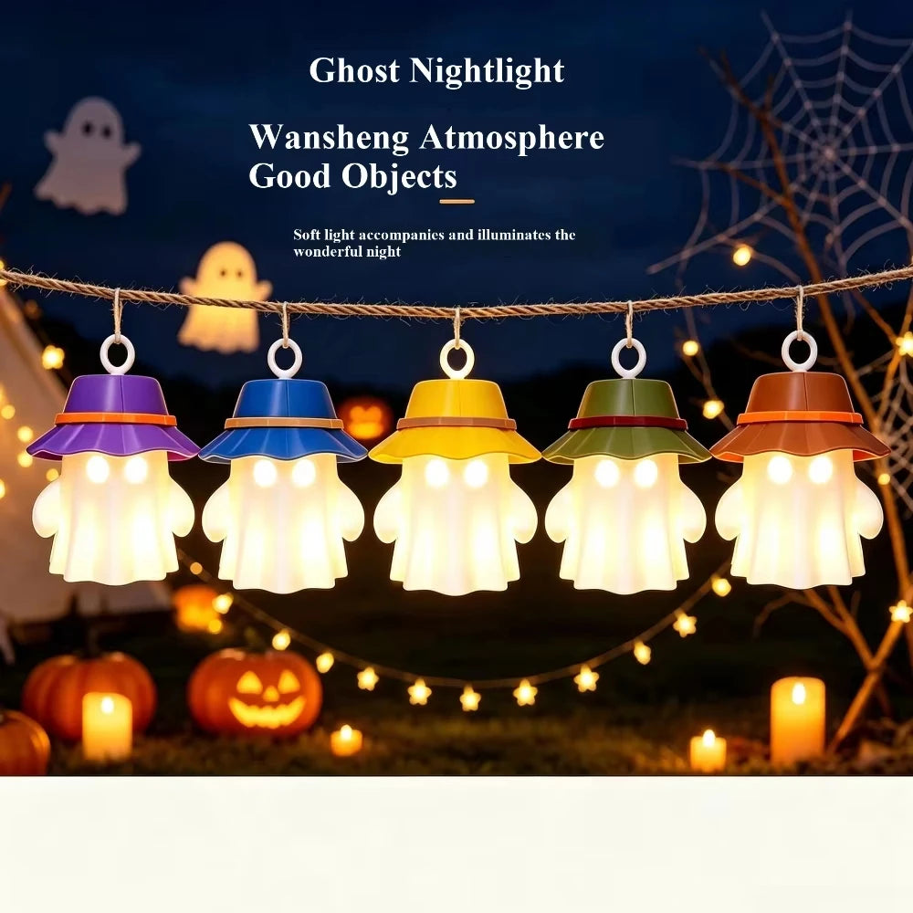 A string of ten decorative ghost night lights with colorful shades hangs against a dark outdoor background.