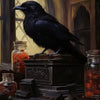 A black raven perched on a wooden box in a dimly lit Victorian Gothic setting.