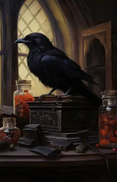 A black raven perched on a wooden box in a dimly lit Victorian Gothic setting.