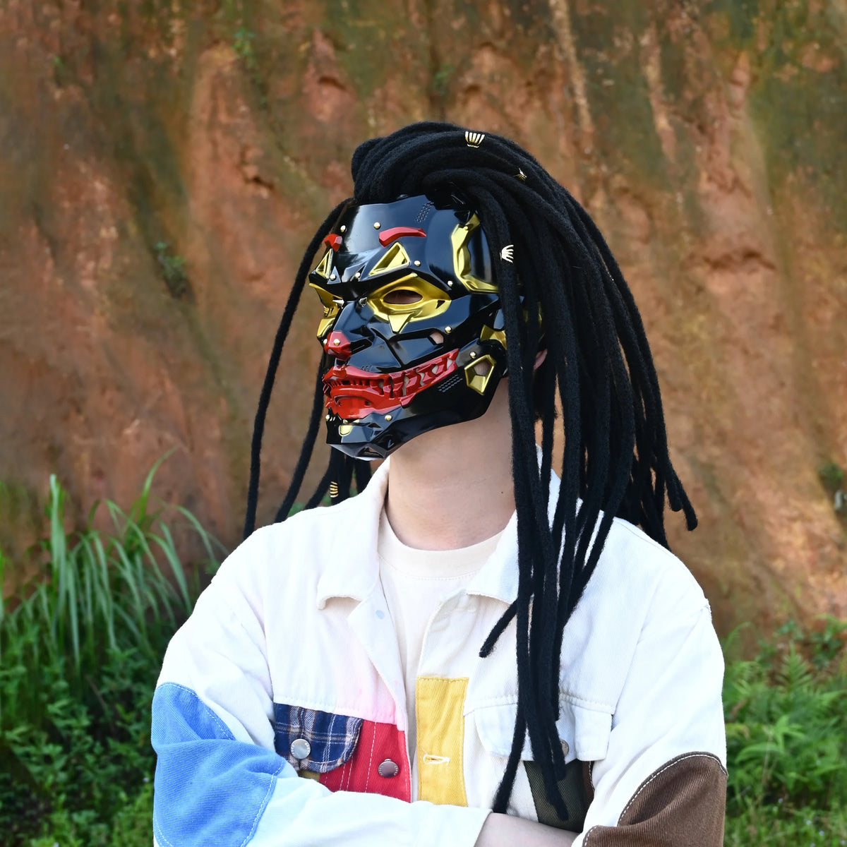 Mechanical Clown Dreadlock Mask with Punk Rivet Detailing