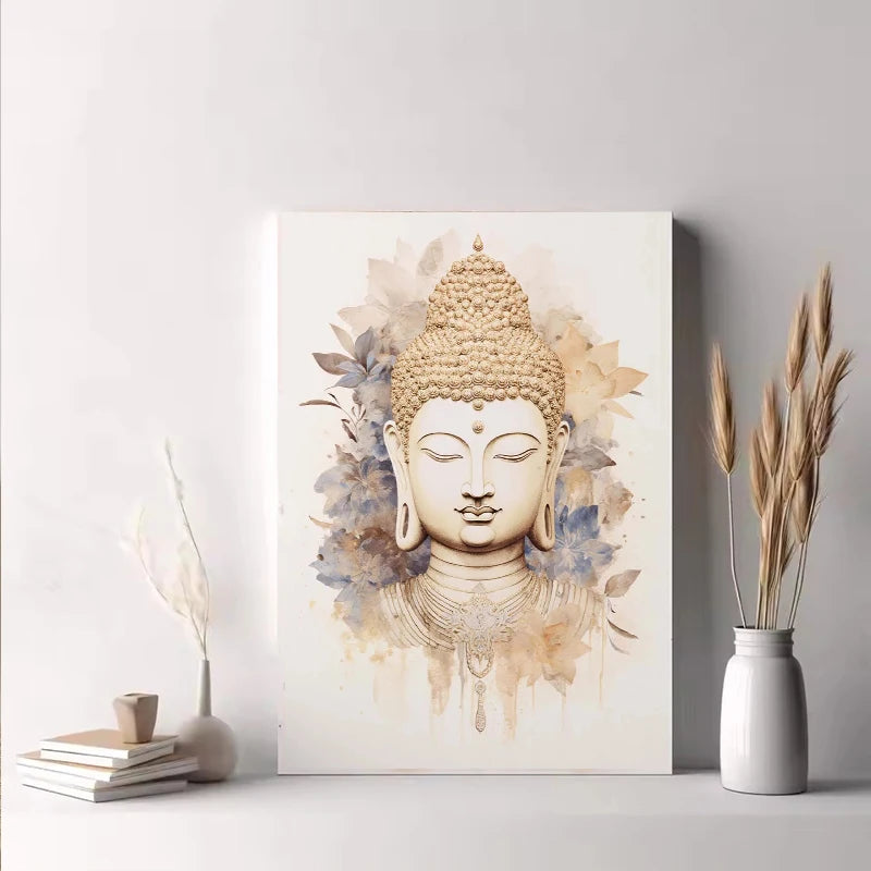 A vertical canvas print featuring a golden Buddha head surrounded by soft blue and beige watercolor foliage.