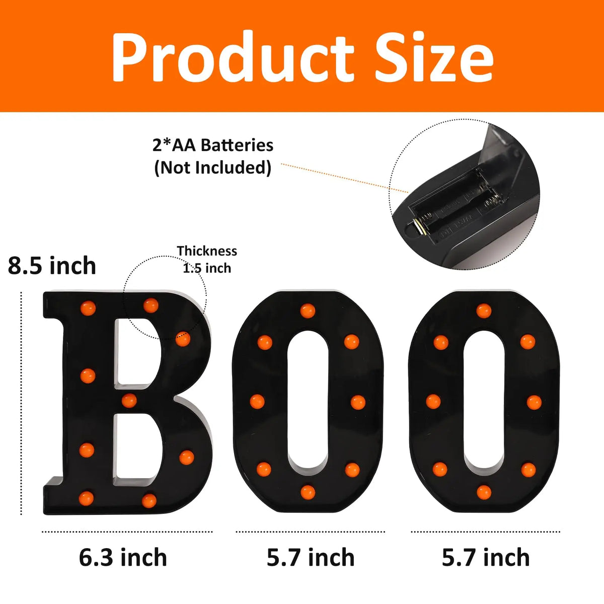 Tres letras de cartel negras BOO en diferentes tamaños, mostrando opciones de 6.3 pulgadas y dos de 5.7 pulgadas.