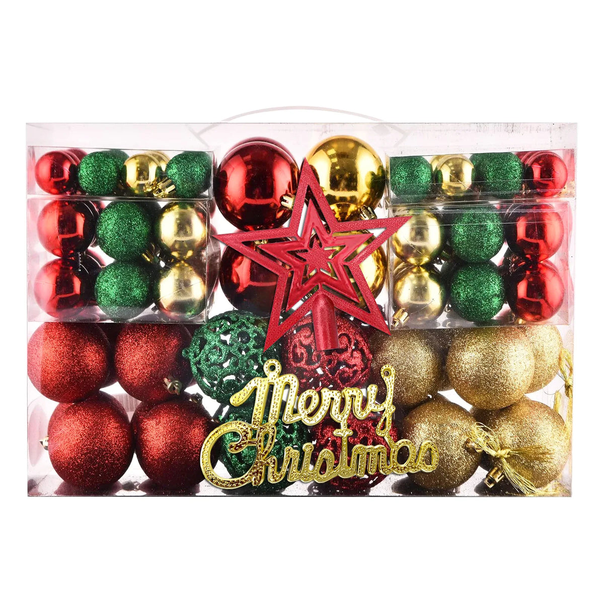 A collection of 102 Christmas ornaments in various colors including red, gold, and green, with a large star tree topper.