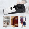 Black door stop security alarm device shown in three contexts: home, hotel, and travel.