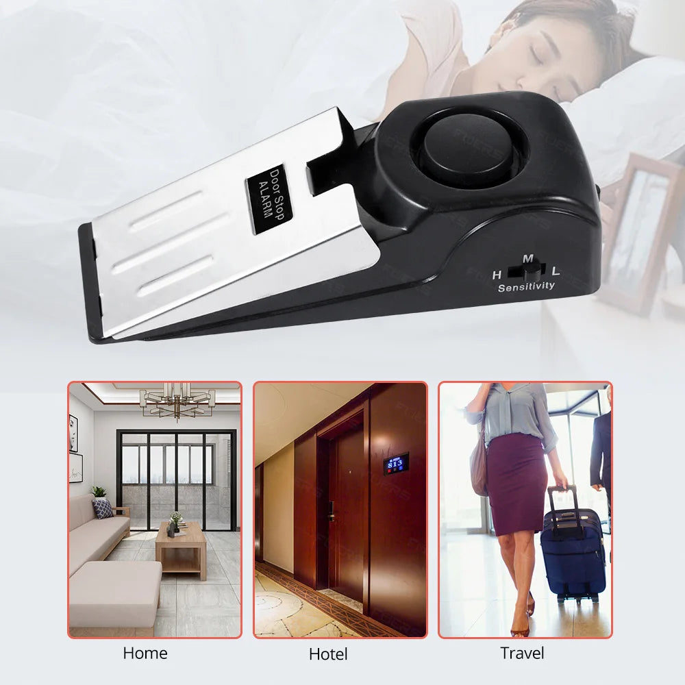 Black door stop security alarm device shown in three contexts: home, hotel, and travel.