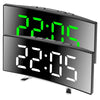 A black LED mirror alarm clock with a large green digital display showing 22:05.