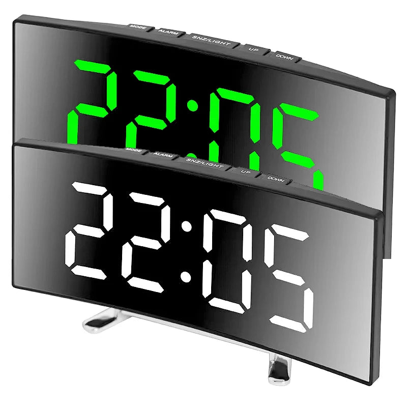 A black LED mirror alarm clock with a large green digital display showing 22:05.