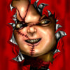 A portrait of the horror character Chucky, featuring a stitched face and spiked elements against a red background.