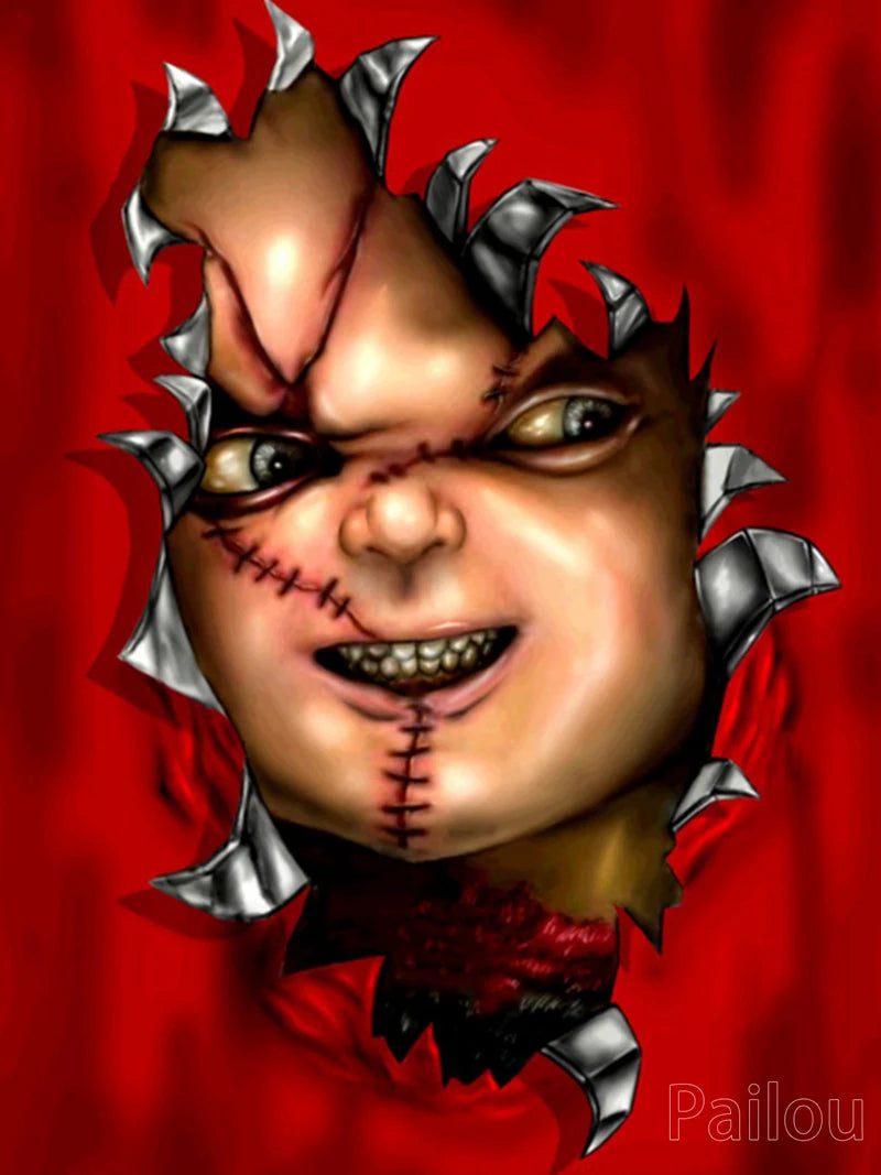 A portrait of the horror character Chucky, featuring a stitched face and spiked elements against a red background.