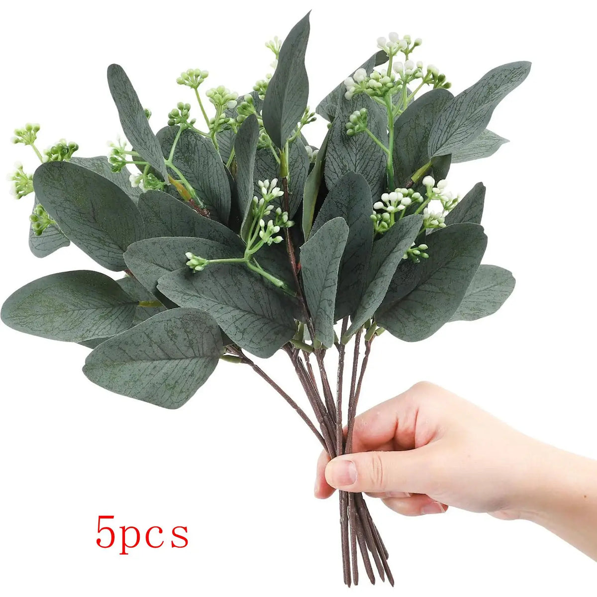 Five artificial eucalyptus stems with green leaves and small white flowers held in a hand.