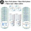 Set of 10 plates, 10 cups, and 20 napkins featuring blue floral designs for a baby boy shower