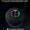 A black waterproof Bluetooth speaker is shown with a sound wave graphic and a bass effect test display.