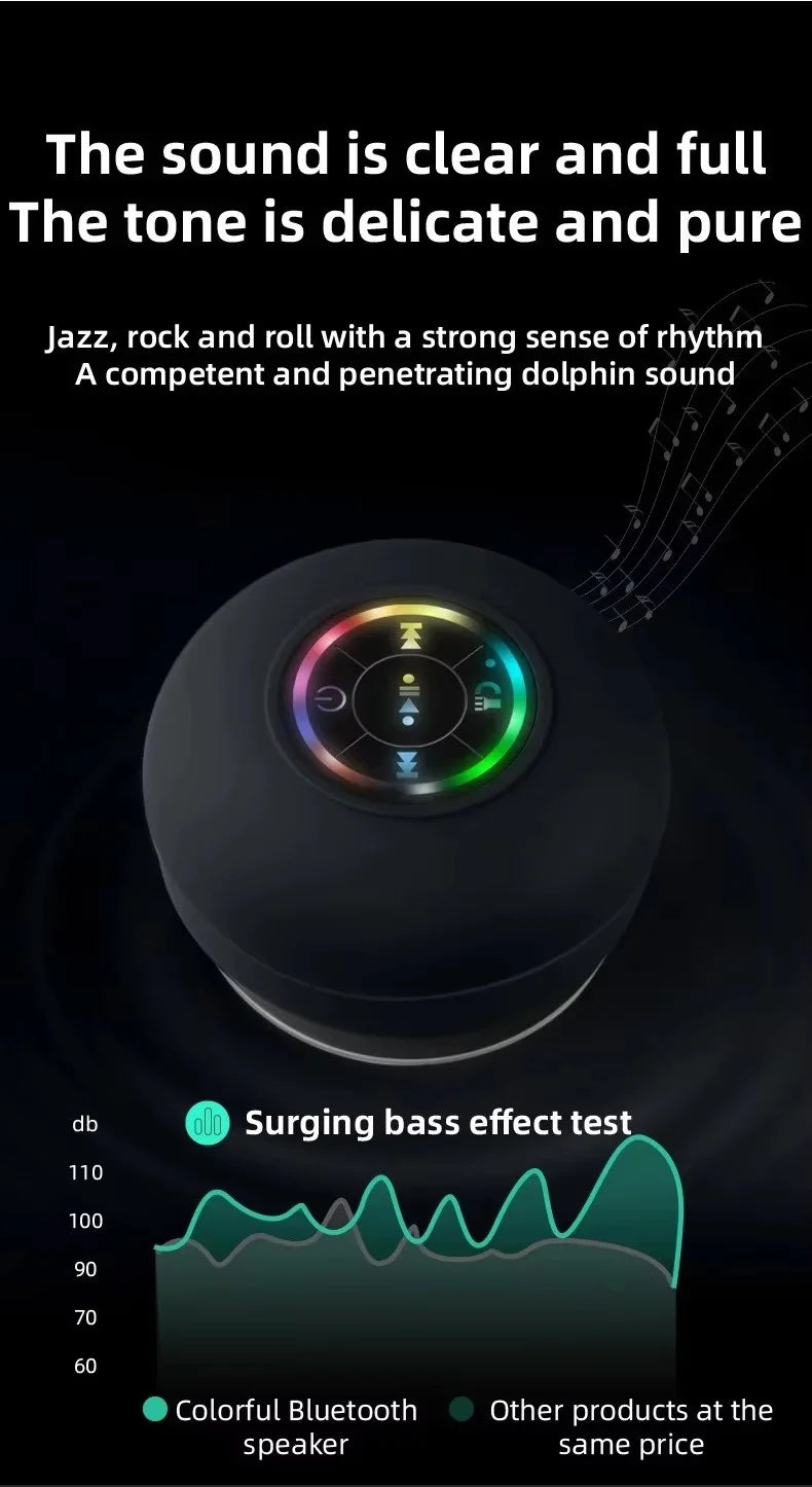 A black waterproof Bluetooth speaker is shown with a sound wave graphic and a bass effect test display.