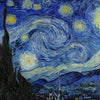 A Van Gogh-inspired canvas wall art depicting a swirling night sky with bright stars and a dark silhouette of cypress trees a