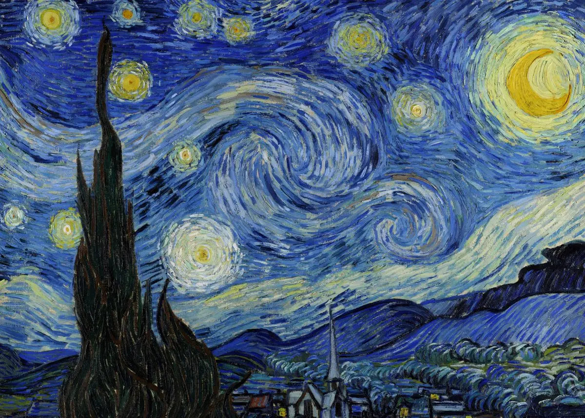 A Van Gogh-inspired canvas wall art depicting a swirling night sky with bright stars and a dark silhouette of cypress trees a