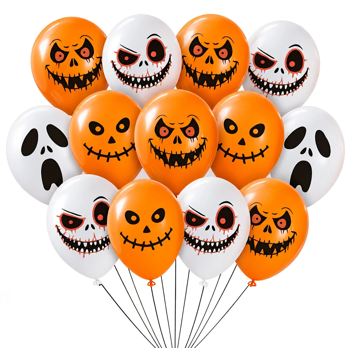A bunch of Halloween-themed latex balloons featuring spooky, grinning skull faces in orange and white.